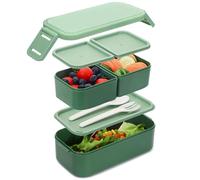 Bugucat Lunch Box 1300ML, 2 en 1 Etages Bento Lunchbox Enfant Adulte avec 3 Repas Compartiment Boite Bento Boîte à Repas,Anti-Fuite avec Couverts Boite a Lunch Pour Pique-Niques Travail École,Vert
