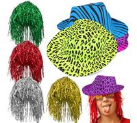 BUGUUYO Ensemble 4 Perruques Paillettes 4 Chapeaux Fluo Imprimé Animal Taille Unique Accessoires de Fête pour Soirées Costumées Carnavals et Photobooth Couleur Couleur Aléatoire