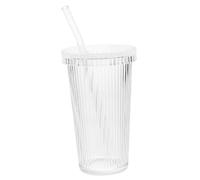 BUGUUYO Verre à Eau Verre Transparent Avec Rayures Verticales Gobelet Multifonction Pour Café Thé Jus Lait Avec Couvercle Et Paille Design Simple Et Délicat Pour Usage Bureau Et Maison