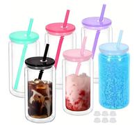 Buhdjfnke Lot de 6 gobelets à boules de neige DIY - En plastique isolé à double paroi - Avec pailles et couvercles - Trou pré-percé B