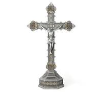 Buildclassic Crucifix catholique de la Colombie-Britannique sur pied pour autel, décoration de table argentée pour maison moderne élégante, cadeau religieux, 37,3 cm de haut, sculpture Renaissance