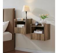 BuildHom Lot de 2 tables de chevet flottantes modernes cannelées à fixation murale avec tiroir de rangement et étagère, mobilier de chambre minimaliste pour appartements de studio (marron rustique)