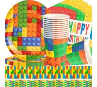 building Blocs Vaisselle,Vaisselle De Fête block ,Assiettes en Carton Écologiques,block nappe building block party assiettes bloc de construction décoration de gâteau d'anniversaire(61PCS 20Invités)