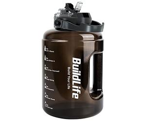 BuildLife - Gourde de sport de 2,5 L avec marqueur de temps et couvercle 2-en-1 - Sans BPA - Bouteille d’eau pour le gym (2500 ml, Noir)