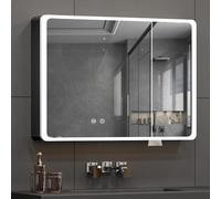 Buildonely Armoire de salle de bain avec miroir, éclairage, fonction anti-buée, 80 x 70 cm, avec portes pour salle de bain, commande tactile, noir, alliage d'aluminium