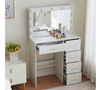 Buildonely Coiffeuse avec 11 Lumières LED, 3 Températures de Couleur et Luminosité Réglable, Table de Maquillage Moderne avec Grand Miroir, 5 Tiroirs, 36x80x131 cm