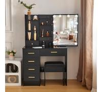 Buildonely Coiffeuse avec éclairage et miroir pour maquillage, 3 températures de couleur et luminosité réglable, 1 tabouret, noire, 36 x 80 x 131 cm