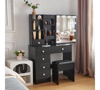 Buildonely Coiffeuse avec éclairage et tabouret, miroir et tiroirs, 3 températures de couleur et luminosité réglable, noire, 36 x 80 x 131 cm