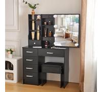 Buildonely Coiffeuse avec éclairage LED, 3 températures de couleur et luminosité réglable, avec miroir, 1 tabouret, 6 tiroirs, moderne, noire, 36 x 80 x 131 cm