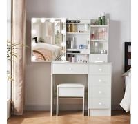 Buildonely Coiffeuse avec éclairage LED et miroir pour maquillage, 3 températures de couleur et luminosité réglable, avec 1 tabouret, moderne, blanche, S31411217
