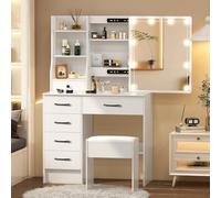 Buildonely Coiffeuse avec éclairage LED, table de maquillage avec miroir pour le maquillage, 3 températures de couleur avec luminosité réglable, 6 tiroirs, 1 tabouret, SD5610