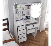 Buildonely Coiffeuse avec Grand Miroir et LED à Luminosité Réglable, Table de Maquillage avec Tabouret, Dressing Table avec 6 Tiroirs, 4 Étagères, Moderne, Blanche
