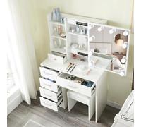 Buildonely Coiffeuse avec Lumières LED, 3 Températures de Couleur et Luminosité Réglable, Table de Maquillage Moderne avec Miroir, 4 Étagères, 1 Tabouret, 6 Tiroirs