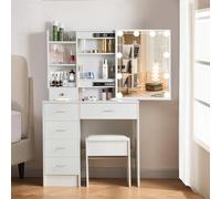 Buildonely Coiffeuse avec Lumières LED et Miroir, Luminosité Réglable, 3 Températures de Couleur, Table de Maquillage avec 1 Tabouret, 6 Tiroirs, Moderne, 36x80x131 cm