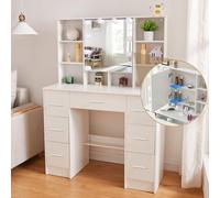Buildonely Coiffeuse avec Miroir, Coiffeuse Blanche avec Tabouret et Lumières LED, 3 Températures de Couleur et Luminosité Réglable, Table de Maquillage avec 7 Tiroirs, 4 Etagères, Blanche