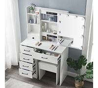 Buildonely Coiffeuse avec Miroir et LED Réglable à 3 Températures de Couleur, Table de Maquillage avec Tabouret, Meuble Chambre avec 6 Tiroirs, 36x80x131cm, Blanche