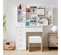 Buildonely Coiffeuse avec Miroir et Lumière LED, 3 Températures de Couleur et Éclairage Réglable, Table de Maquillage Moderne avec 5 Étagères, 6 Tiroirs, 1 Tabouret, Blanc