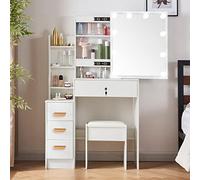 Buildonely Coiffeuse avec Miroir et Lumières LED, Vanité de Maquillage avec 3 Etagères, Coiffeuse avec 4 Tiroir, 1 Tabouret, Luminosité Réglable, 3 Températures de Couleur, Blanche, 36x83x139 cm