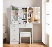 Buildonely Coiffeuse avec Miroir et Tabouret, Coiffeuse avec Lumières LED, 3 Températures de Couleur et Luminosité Réglable, Table de Maquillage avec Tiroir et Etagère pour Fille, 80x36x131 cm