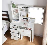 Buildonely Coiffeuse avec Miroir LED à Luminosité Réglable, Table de Maquillage avec 6 Tiroirs et 4 Étagères de Rangement, Meuble Chambre avec 1 Tabouret, Blanche, 36x80x131cm