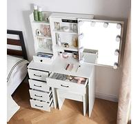 Buildonely Coiffeuse avec Miroir LED Luminosité Réglable, 3 Températures de Couleur, Table de Maquillage avec 1 Tabouret et 6 Tiroirs pour Chambre, Moderne, Blanc