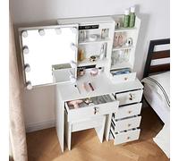 Buildonely Coiffeuse avec Miroir, Table de Maquillage avec 6 Tiroirs, 1 Tabouret, Coiffeuse avec 10 Lumières LED, Blanche, 3 Températures de Couleur et Luminosité Réglable, 36x80x131cm