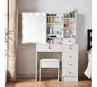Buildonely Coiffeuse avec tabouret et éclairage, table de maquillage avec miroir pour le maquillage, 3 températures de couleur et luminosité réglable, 36 x 80 x 131 cm, Blanc (2 ensembles de poignées)