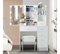 Buildonely Coiffeuse avec Tabouret pour Enfant Fille, Table de Maquillage avec Miroir et Lumière LED à Luminosité Réglable, 3 Températures de Couleur, 6 Tiroirs, Moderne, Blanc