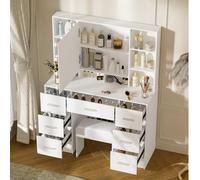 Buildonely Grande coiffeuse avec tabouret, miroir et éclairage, 3 températures de couleur avec luminosité réglable, table cosmétique avec 7 tiroirs, 40 x 100 x 140 cm, SD5210