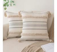 BUIOVBEY Lot de 2 Housses de Coussin décoratives tissées touffetées de Style Rustique avec Pampilles texturées à Rayures pour canapé, lit, 45,7 x 45,7 cm, Kaki