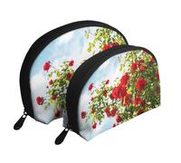 Buisson de Roses Rouges imprimé, Trousse de Maquillage Coquille Femme Petit Porte-Monnaie Trousse de Toilette Trousse à cosmétiques 2 pièces