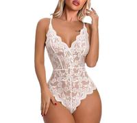 Buitifo Femmes Body en Dentelle Lingerie Sexy Teddy V-Cou One-Piece Babydoll Pyjama Négligé (Blanc-L)