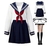 BUITVOZE Robe d'écolière japonaise pour filles - Uniforme de marin - Costume de cosplay avec chaussettes et monture de lunettes - Blanc classique - Photographie de cosplay - Tenue d'écolière JK -