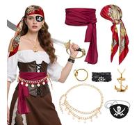 Bukbas 7 Pièces Costume Pirate Femme Accessoires de Costume Pirate avec Ceinture Bandana Cache Oeil Pirate Boucles d'Oreilles Collier Bracelet pour Carnaval Halloween Cosplay (A)