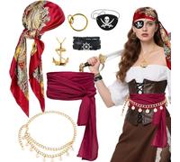 Bukbas 7 Pièces Déguisement Pirate Femme Accessoires de Costume Pirate avec Ceinture Bandana Cache Oeil Pirate Boucles d'Oreilles Collier Bracelet pour Carnaval Halloween Cosplay