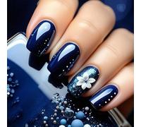 Bukecagif 24 pièces Ongles Press On Courts, Bleu avec Design Floral, Durables, Faciles à Utiliser, Écologiques, Pour Débutants, avec Gelée Gel et Bloc Lime