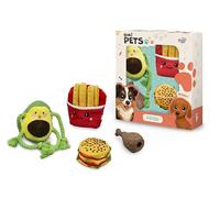 BUKI Pets - Coffret de Jouets pour Chien - Pack 4 Jouets Thème Food : Frites Bruissantes et Couineuses, Burger Couineur, Avocat avec Corde, Pilon de Poulet à Ronger - PET002