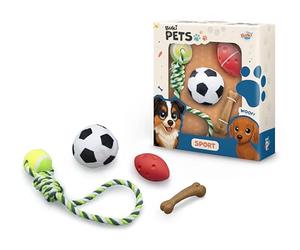 BUKI Pets - Coffret de Jouets pour Chien - Pack 4 Jouets Thème Sport : Ballon de Foot Tissu, Ballon Rugby Couineur, Balle Tennis avec Corde, Os à Ronger - pour Chiens Petits à Grands - PET001