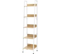 BukkitBow - Bibliothèque moderne étroite avec cadre en métal et bois - 4 étagères avec dosseret - 34x40x170 cm - Blanc avec bois de chêne clair