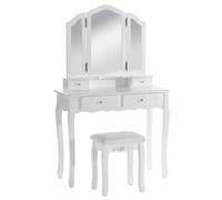 Bukkitbow - Coiffeuse / table de maquillage avec miroir en 3 parties et 4 tiroirs - Coiffeuse / table de maquillage - (90x145x40cm) tabouret inclus - Blanc