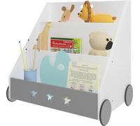 Bukkitbow - Étagère pour livres d'enfants avec motifs d'étoiles ludiques - gris avec blanc - trapézoïdale - avec roues - 43x58x60cm