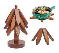 Bukuhlio Dessous de Plat en Bois pour Plats Chauds, Sous-Verres en Forme d'Arbre (3 en Bois+1 Support), Forme de Sapin de Noël pour Boissons (Brun)
