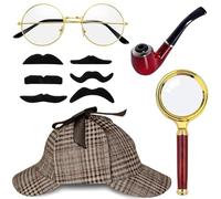 BUKYCAT 5 Pièces Accessoires de Costume de Détective, Sherlock Holmes Cosplay Accessoires avec chapeau de Détective Lunettes Fausse Moustache Tuyau Loupe pour carnaval, cosplay, fête
