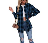 Buliezy Chemise Femme a Carreaux Manche Longue Chemisier élégant Chemise Classique Coton Plaid Veste,Bleu,L