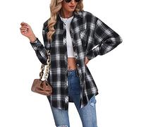 Buliezy Chemise Femme a Carreaux Manche Longue Chemisier élégant Chemise Classique Coton Plaid Veste,Noir,XXL