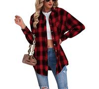 Buliezy Chemise Femme a Carreaux Manche Longue Chemisier élégant Chemise Classique Coton Plaid Veste,Rouge,M