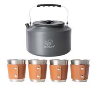 Bulin Bouilloire de camping, 2,2 l, avec 4 gobelets en acier inoxydable, pour la maison, le trekking, la randonnée, le pique-nique, marron