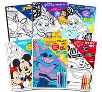 Bulk Disney - Lot de 6 pages de coloriage en velours pour enfants avec Mickey, Stitch, Spiderman, plus de marqueurs, autocollants | Disney - Lot de feuilles de coloriage en velours pelucheux