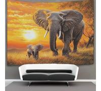 Bull Éléphant with Baby Éléphant Tapisserie Murale À Suspendre, African Soleilset Tapisserie Murale Pour Décoration De Chambre À Coucher,fête D'anniversaire Ou Toile De Fond De Jardin 70cmx100cm