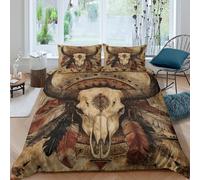 Bull Skull Housse de Couette Microfibre 3 pièces Imprimé en 3D Hypoallergique Native American Art Style Ensemble De Literie avec 2 x Taies d'oreiller Confortable for Les Enfants Single（135x200cm）